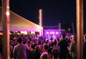 A vibrant concert scene featuring David Fore & Friends performing at Knomad Bar in Austin.