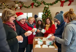 Volunteers wrapping diapers at the Deck the Diapers event.
