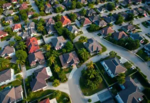 Aerial view of neighborhoods with multiple 'For Sale' signs indicating housing market trends.