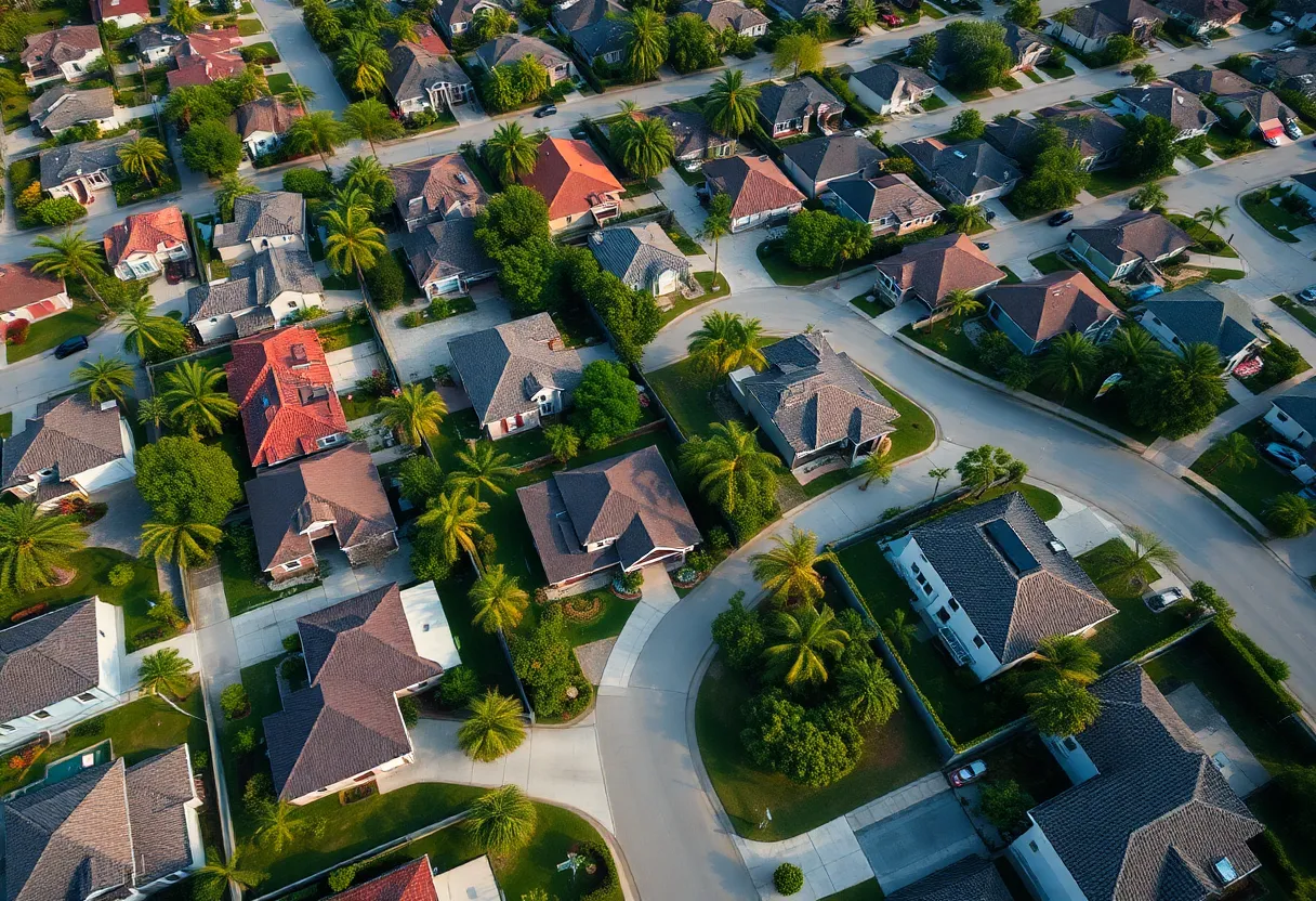 Aerial view of neighborhoods with multiple 'For Sale' signs indicating housing market trends.