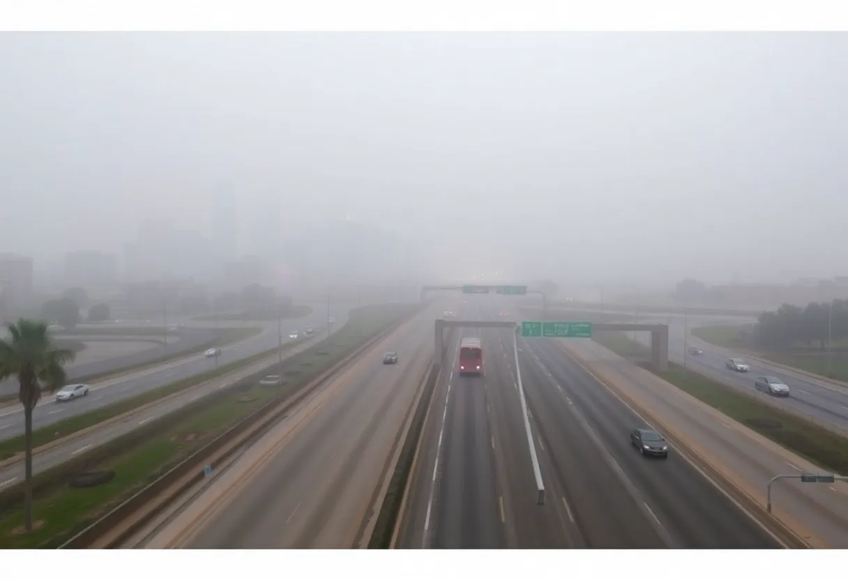 Dense fog covering Dallas-Fort Worth area leading to low visibility