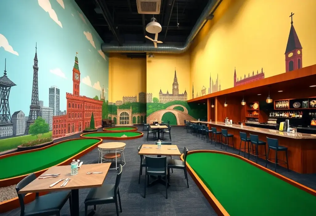 An engaging indoor mini-golf course with a dining area.