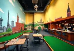 An engaging indoor mini-golf course with a dining area.