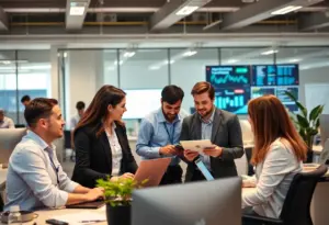 Team meeting at a tech company discussing financial strategies.