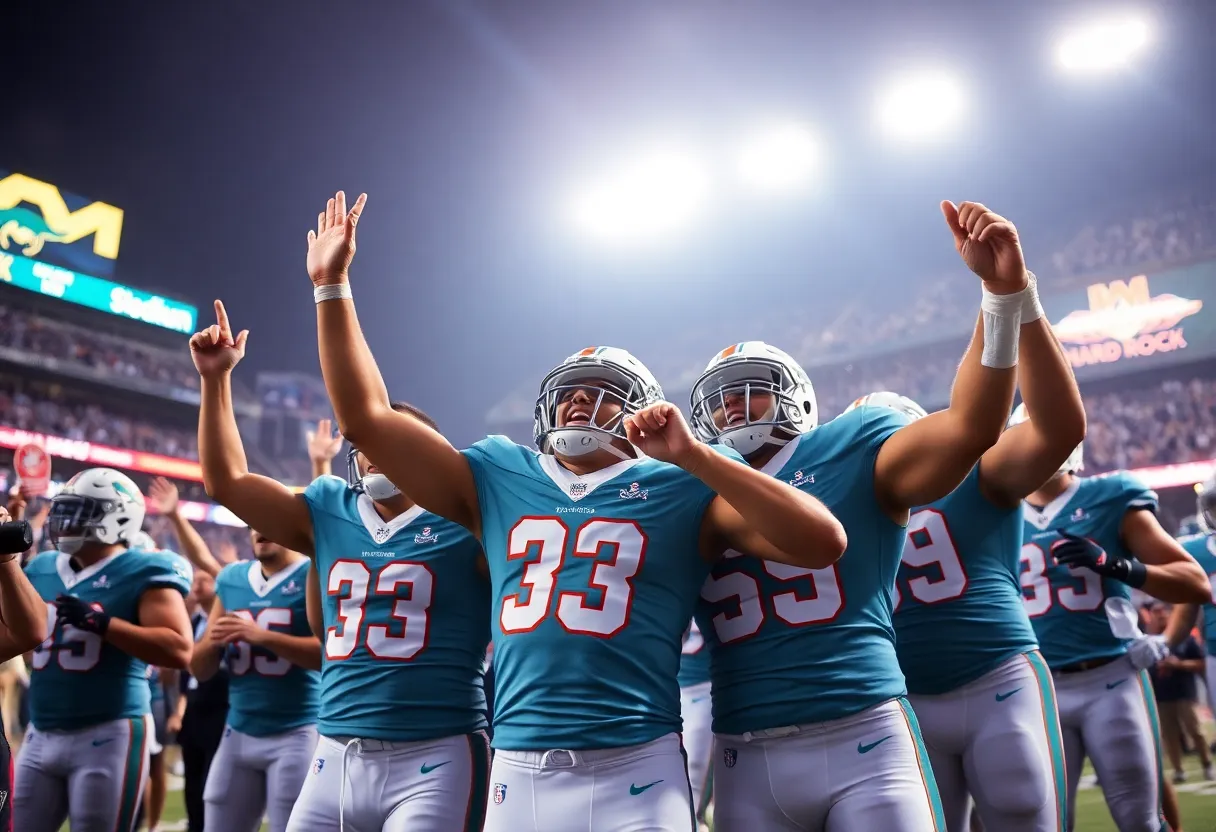Miami Dolphins players celebrating their victory over the Tampa Bay Buccaneers.