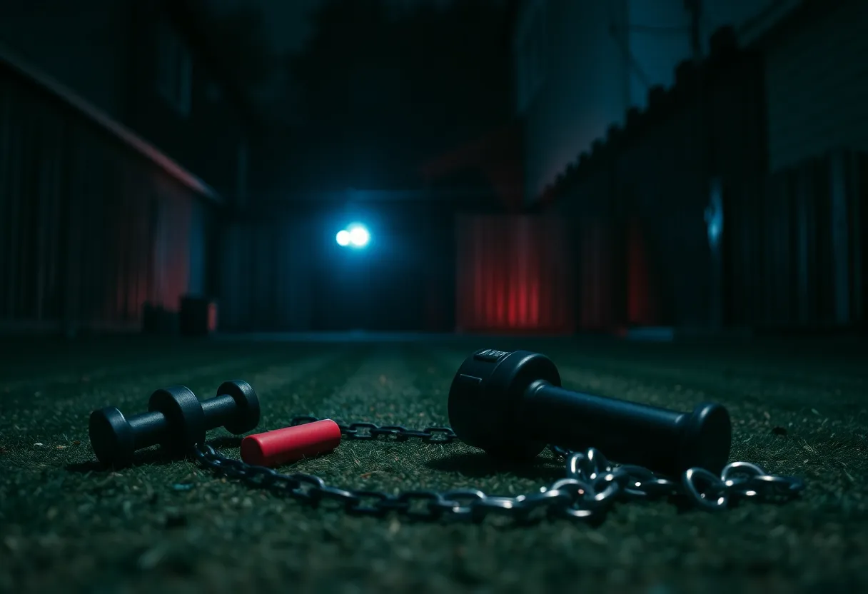 Scene indicating domestic abuse with exercise equipment and police lights.