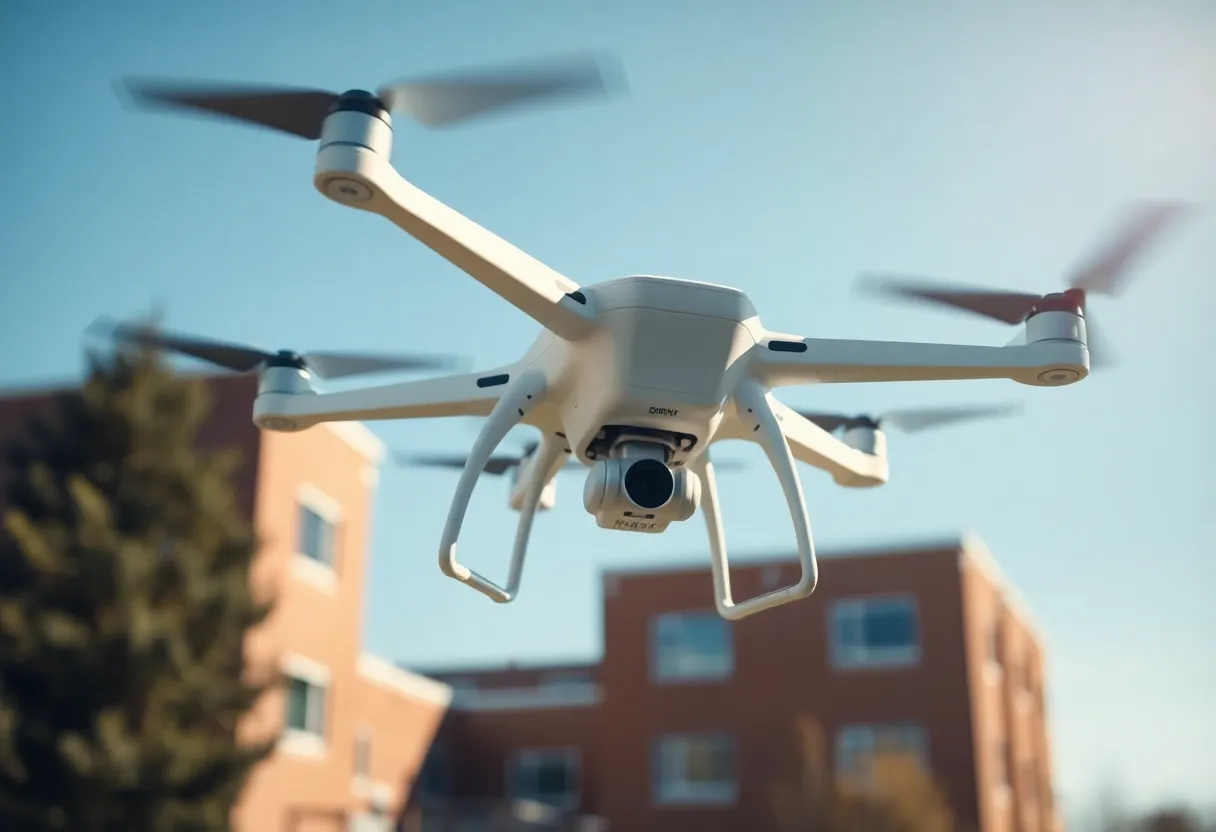 Drone flying over a school campus for safety measures