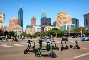 Electric scooters lined up on a city street in Austin, Texas