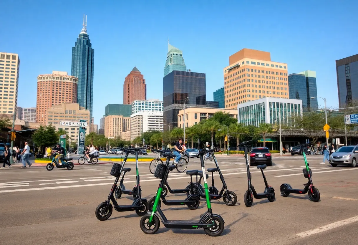 Electric scooters lined up on a city street in Austin, Texas