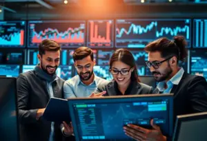 Group of entrepreneurs reviewing financial documents and data together