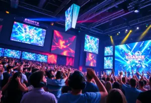 Gamers competing in an esports tournament with a large audience.