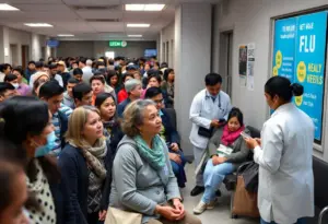 Hospital scene during flu season in Texas with patients and healthcare workers