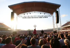 Live performance during Forrest Frank's The Jesus Generation Tour featuring a large audience and an innovative stage setup.