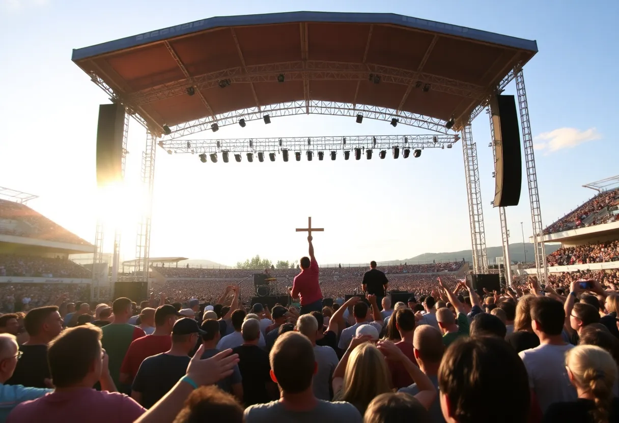 Live performance during Forrest Frank's The Jesus Generation Tour featuring a large audience and an innovative stage setup.