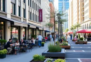 Outdoor seating area with cafes and pedestrians in Georgetown downtown