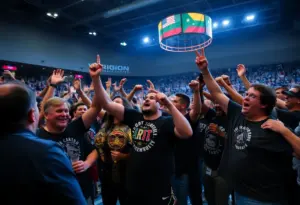 Gunther celebrating his victory in the wrestling tournament at Moody Center