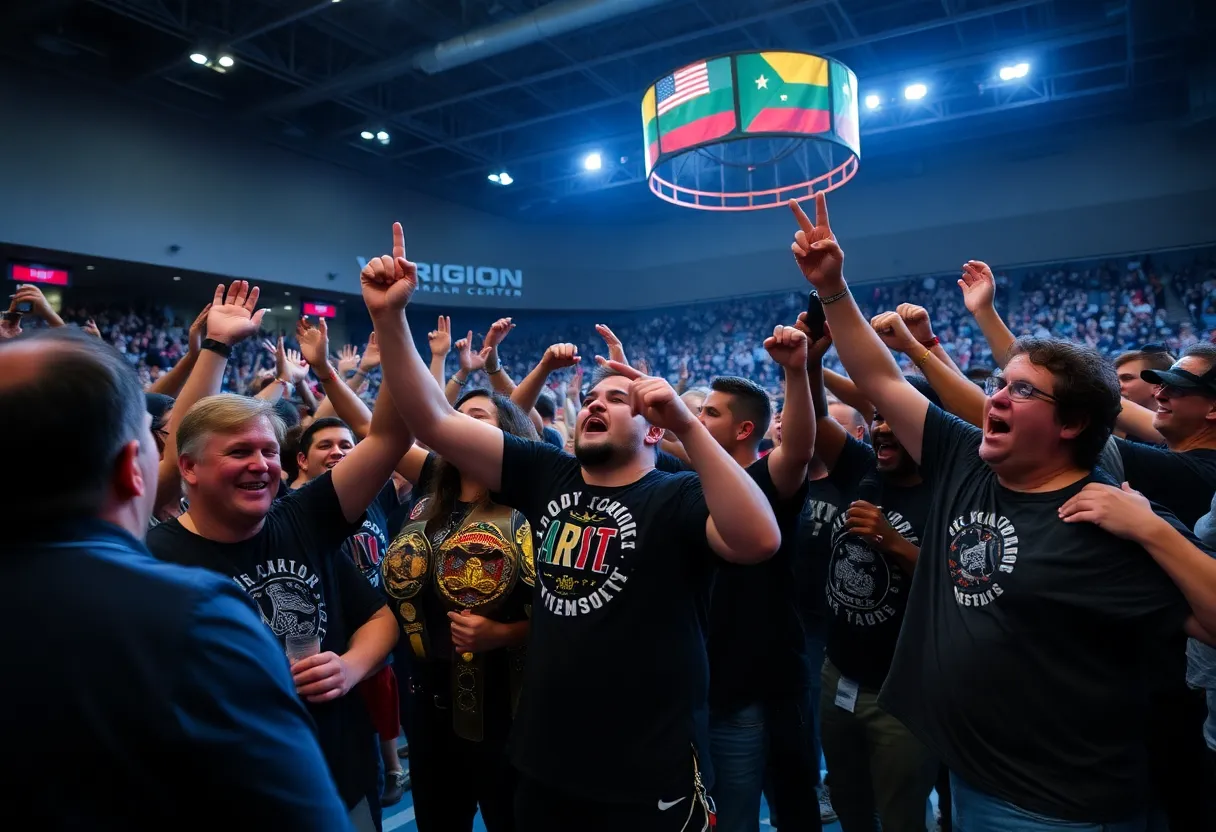 Gunther celebrating his victory in the wrestling tournament at Moody Center