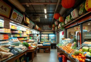 Interior of Hana World Market showcasing fresh produce and grocery items.