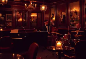 A jazz trio performing in a candle-lit atmosphere, showcasing a piano, double bass, and drums.