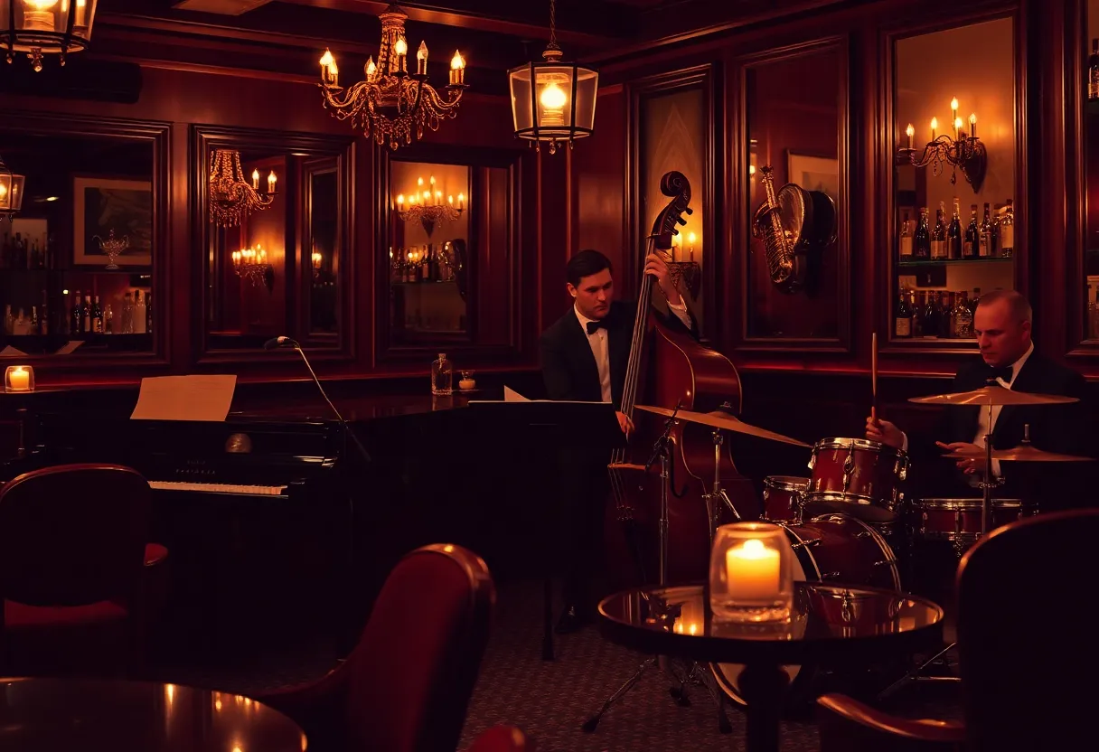 A jazz trio performing in a candle-lit atmosphere, showcasing a piano, double bass, and drums.