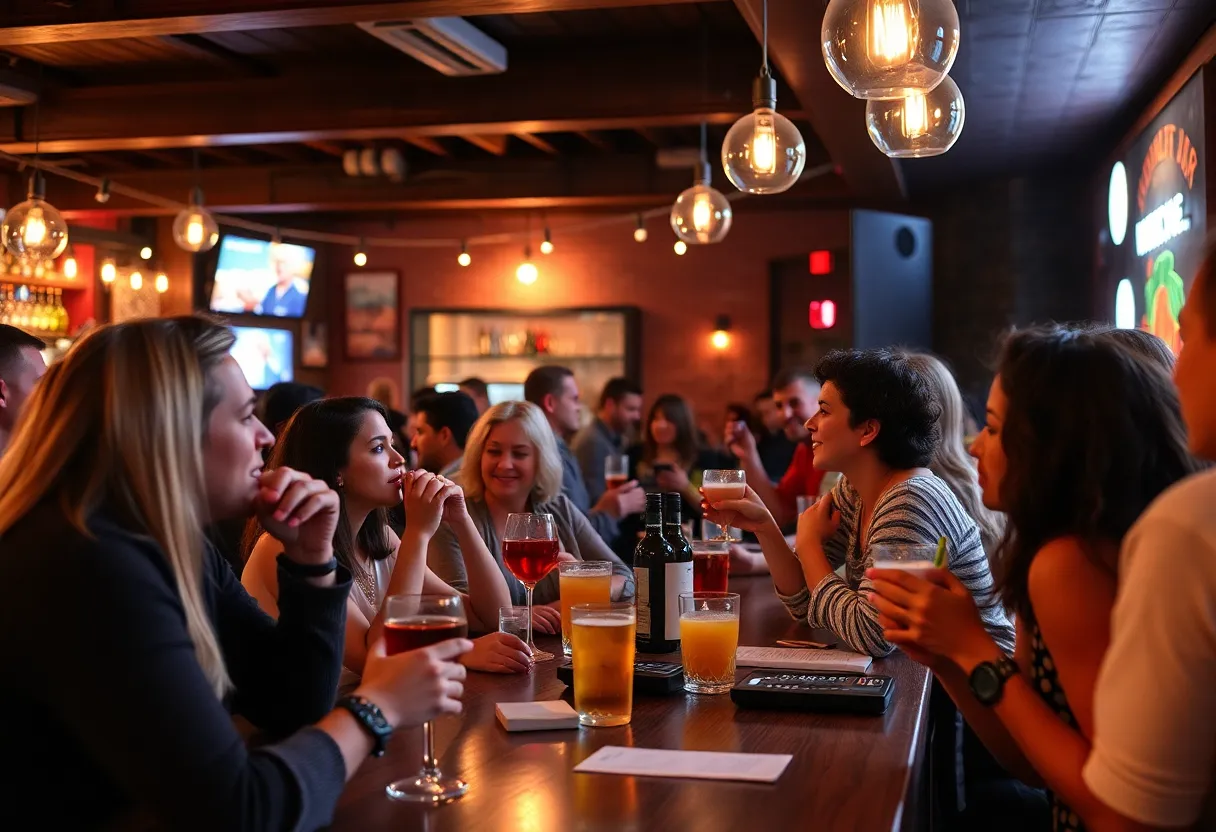Guests enjoying happy hour at The Dizzy Rooster in Austin, TX.