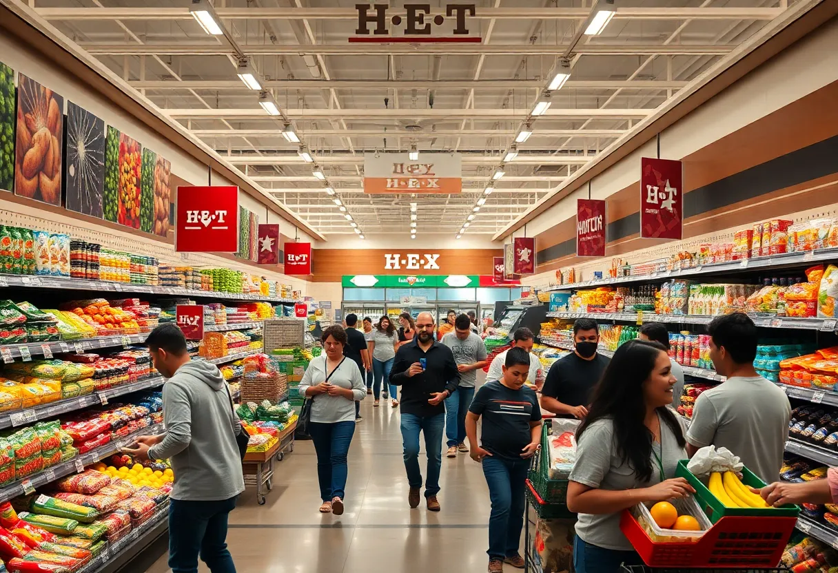 Interior view of a busy H-E-B grocery store with shoppers and products