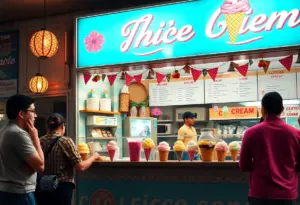 Helados La Azteca shop with colorful ice cream displays.
