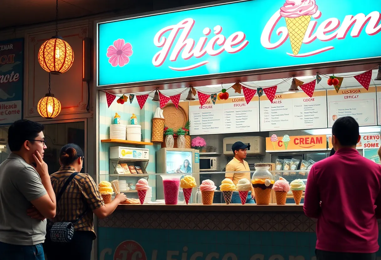 Helados La Azteca shop with colorful ice cream displays.