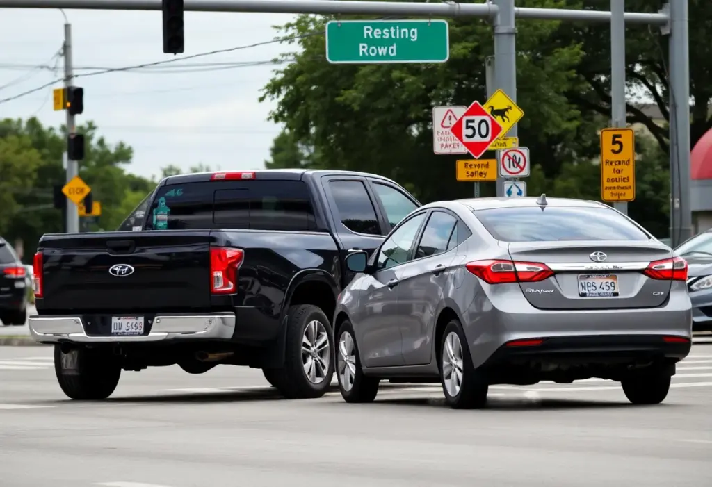 A scene depicting a dark pickup truck and a silver sedan on a street in Austin.
