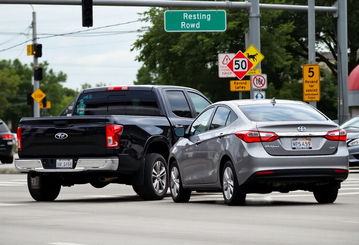 A scene depicting a dark pickup truck and a silver sedan on a street in Austin.