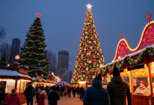 Families enjoying the large holiday celebration at Six Flags Fiesta Texas