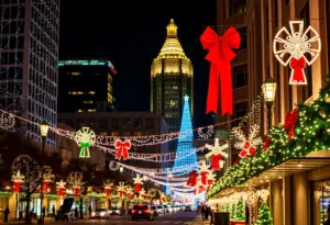 Austin, Texas skyline decorated for Christmas festivities