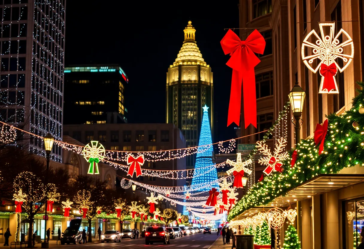 Austin, Texas skyline decorated for Christmas festivities