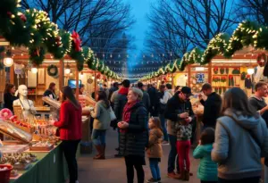 A lively holiday market at the Holiday Hootenanny in Austin with music and local vendors.