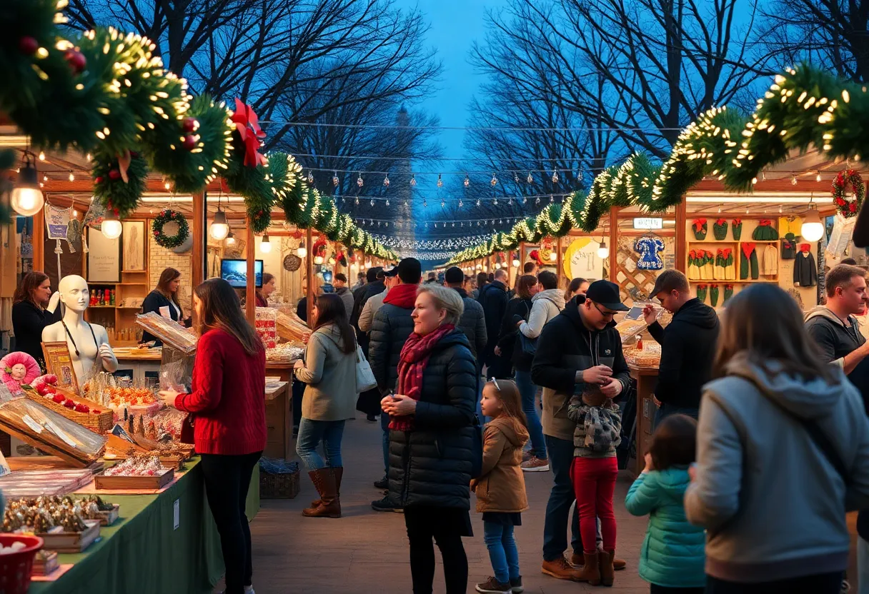 A lively holiday market at the Holiday Hootenanny in Austin with music and local vendors.