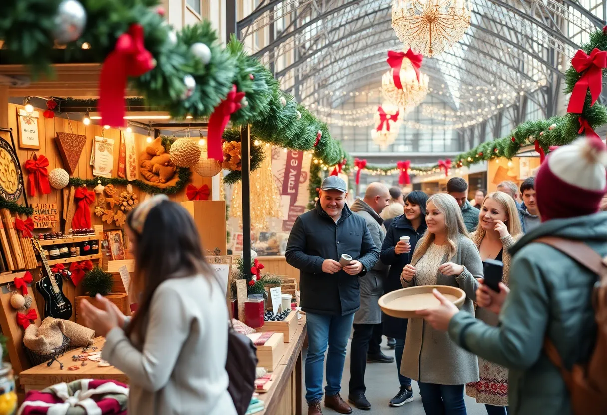 Scene from a holiday market with artisans and shoppers
