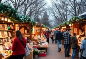 A festive market in Austin, Texas with handmade goods and large crowds of shoppers.