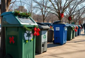Decorated trash and recycling bins in Austin, Texas during the holidays