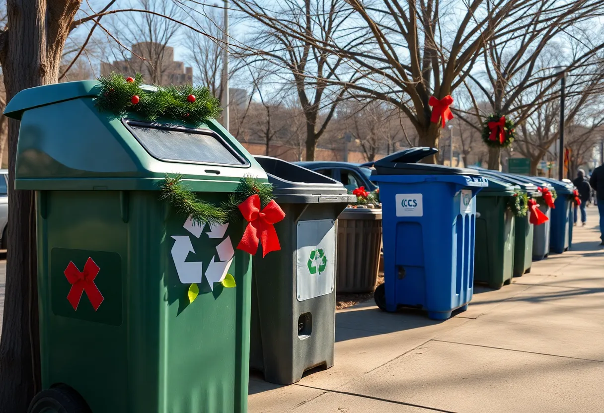 Decorated trash and recycling bins in Austin, Texas during the holidays