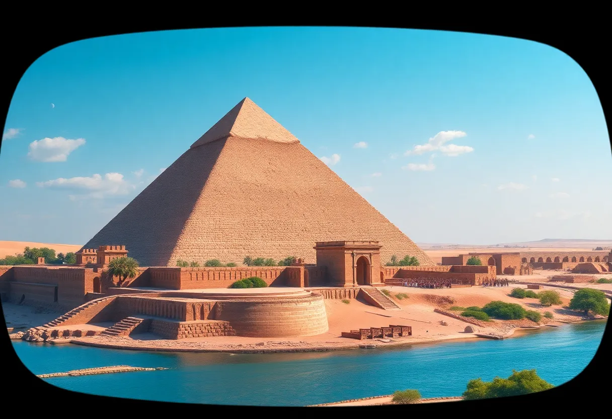 Virtual reality experience of ancient Egypt with pyramid and Nile River