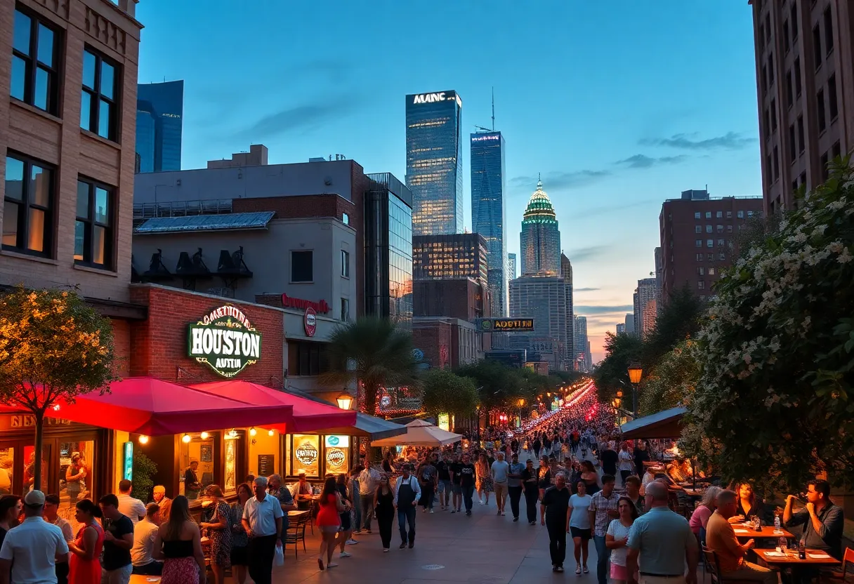 Vibrant nightlife in Houston and Austin with busy streets and entertainment spots
