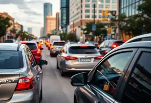 Houston street with parked vehicles showing security measures