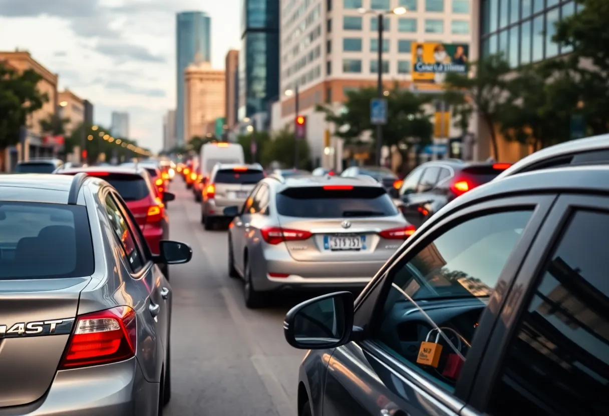 Houston street with parked vehicles showing security measures