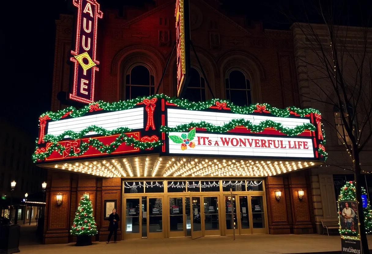 Paramount Theatre in Austin decorated for the holidays with 'It's a Wonderful Life' on the marquee.