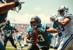 Players from Jaguars and Colts competing during an exciting NFL game