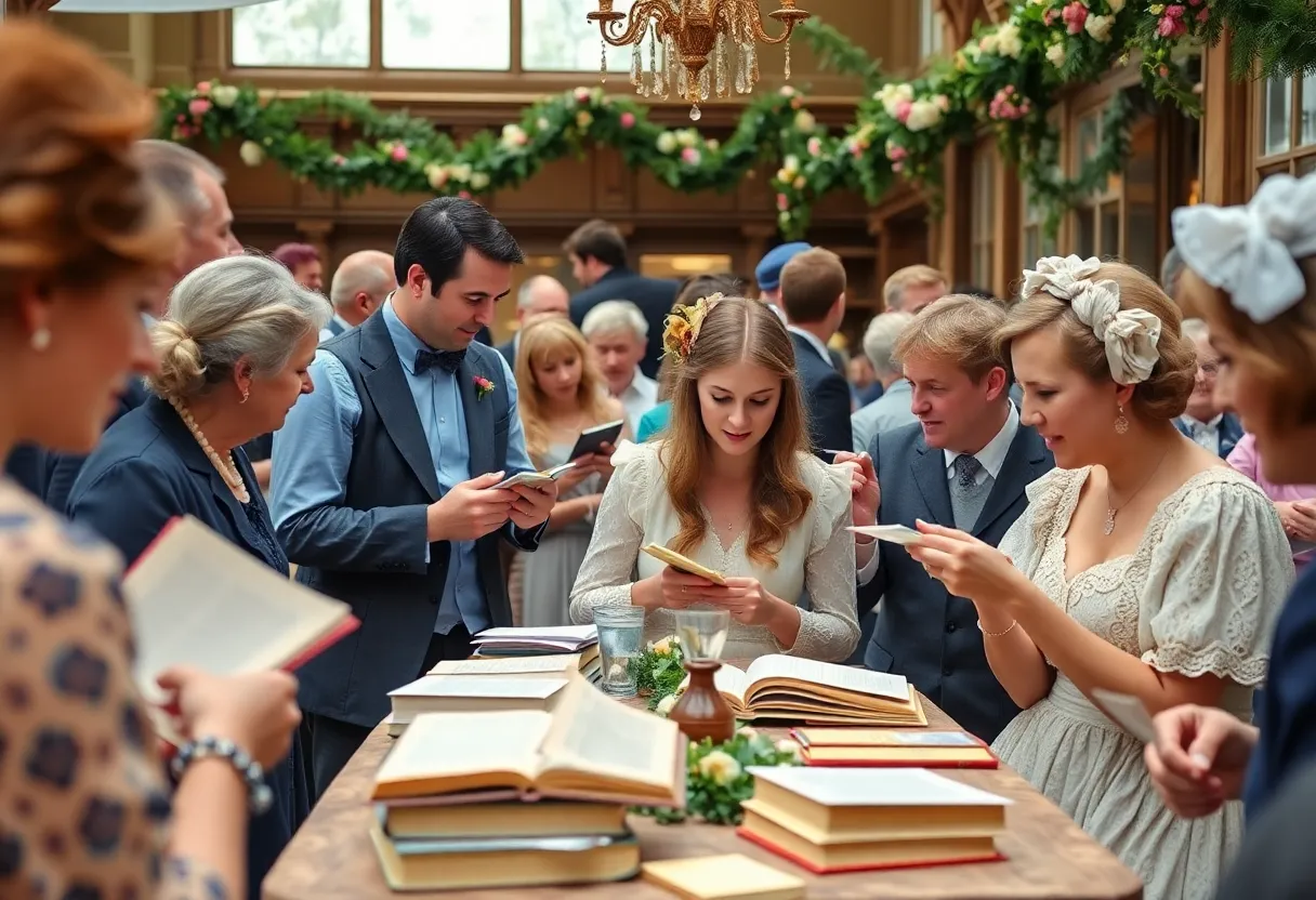 Participants enjoying Jane Austen themed events surrounded by decor and Regency attire