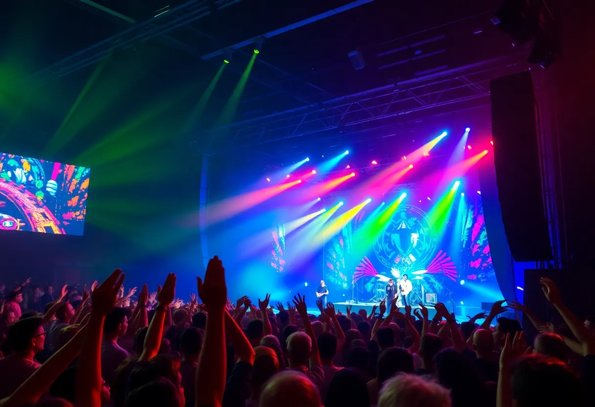 A lively concert with a crowd enjoying the Jonas Brothers performance.