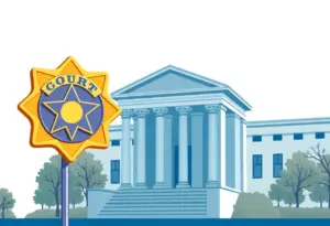 Symbolic image representing justice in Austin with a police badge and courthouse