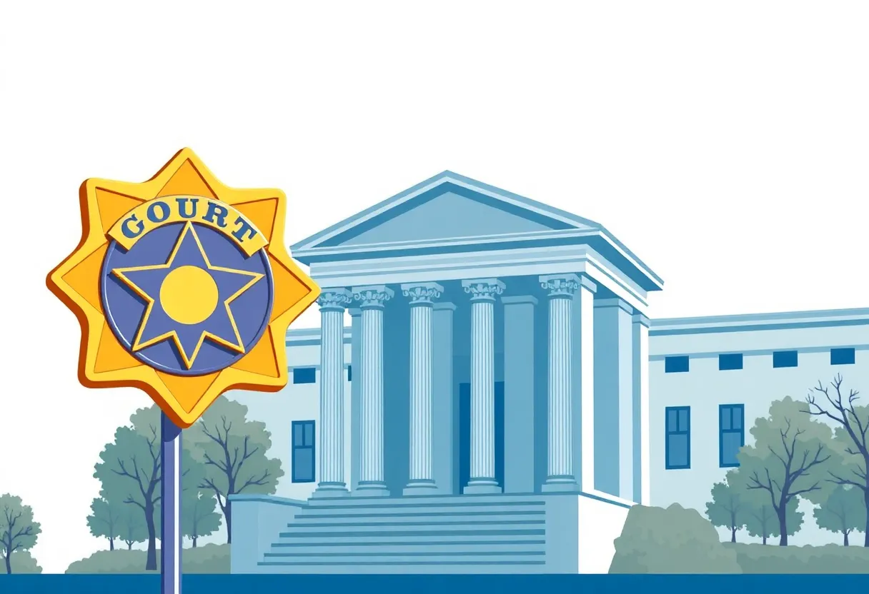 Symbolic image representing justice in Austin with a police badge and courthouse