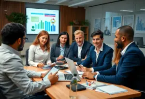 Real estate agents participating in a digital marketing workshop with technology